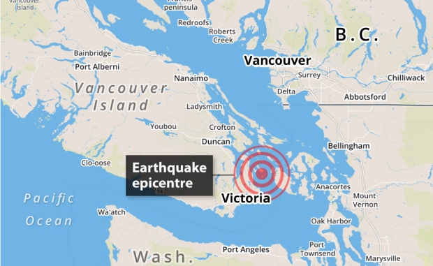 The 4.3 ML earthquake struck about 20 kilometres northeast of Victoria at 11:39 PM PT. (The Canadian Press)